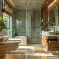 a large bathroom with two sinks and a bathtub next to a walk in shower