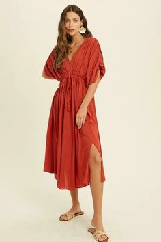 Find the Truly Perfect Brick Red Midi Dress at BohoPink.com! Cute red midi dress with dolman sleeves and cinched waist. Express shipping is available! Brick Red Outfit, Dolman Sleeve Dress, Red Midi, Brick Colors, Pink Boho, Red Midi Dress, Red Outfit, Autumn Outfit, Brick Red