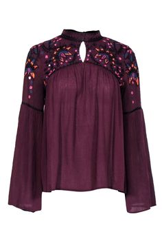 Current Boutique-Parker - Burgundy Peasant Blouse w/ Floral Design Sz S Bohemian Embroidered Top With Boho Collar, Bohemian Long Sleeve Embroidered Top With Boho Collar, Bohemian Embroidered Long Sleeve Top With Boho Collar, Spring Bohemian Embroidered Top, Bohemian Embroidered Peasant Top For Fall, Fall Festival Bohemian Peasant Top, Festival Boho Print Rayon Blouse, Peasant Style Embroidered Top With Floral Embroidery For Fall, Peasant Style Embroidered Top With Floral Details For Fall