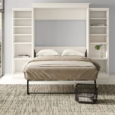 a bedroom with a bed, bookcases and a basket in front of it