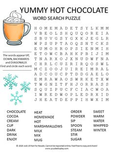 the yummy hot chocolate word search puzzle is shown with words and pictures to help you find