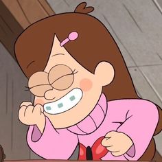 a cartoon character is brushing her teeth while sitting at a table