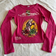 Y2k Vintage Ed Hardy Long Sleeve Shirt Most Iconic Y2k Tattoo Styled Images By Christian Audigier On This Ribbed Shirt / Embroidered Flower Great Stretch /Brand New With Tag / I Have More Ed Hardy Shirt If U Are Interesting Labeled Size Medium Pit To Pit 15”In Sleeve 24”In Length 21”In Ed Hardy T Shirt, Ed Hardy Long Sleeve, Ed Hardy Clothing, Vintage Long Sleeve, Shirt Y2k, Clothes Streetwear, Ed Hardy Top, Vintage Ed Hardy, Y2k Merch