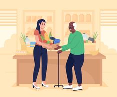 two women are shaking hands in front of a store counter with shelves and pots on the wall