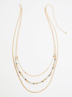 This gold-tone layered necklace features three multi beaded layers, so you can look stylish with minimal effort. Lobster clasp. 19- 23” length and 5” extender. Imported . The best plus size women's gold-tone multi bead 3-layer necklace necklaces in gold. Torrid is your destination for the freshest spring and summer styles. Gold Jewelry With Colorful Beads For Layering, Gold-tone Multi-strand Layered Necklace, Adjustable Double Strand Layered Necklace With Beaded Chain, Adjustable Double Strand Beaded Chain Layered Necklace, Adjustable Gold Multi-strand Layered Necklace, Adjustable Gold Layered Necklace With Round Beads, Gold-tone Multi-strand Layered Jewelry, Gold Beaded Necklaces For Layering, Double Strand Beaded Chain Necklace For Layering