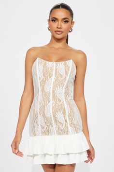 Available In White. Lace Mini Dress Straight Neckline Strapless Corset Waist w/ Boning Ruffle Hem Back Zipper Stretch Length = 32" Self: 85% Nylon 15% Spandex Contrast: 100% Polyester Lining: 100% Polyester Imported | Lost In Lace Mini Dress in White size XL by Fashion Nova White Mini Dress With Built-in Bra For Party, White Mini Dress With Built-in Bra For Spring, White Stretch Mini Dress With Built-in Bra, White Strapless Sleeveless Bodycon Dress, White Dresses With Built-in Bra For Night Out, White Dress With Built-in Bra For Night Out, Summer Lace Stretch Bodycon Dress, White Stretch Strapless Dress, White Stretch Dresses With Built-in Bra