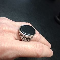 Pretty Silver Colored Ring With Clear Rhinestones. Adjustable Silver Onyx Ring, Black Metal Crystal Round Ring, Classic Black Crystal Ring, Classic Black Metal Rings, Black Metal Crystal Ring, Adjustable Black Metal Crystal Ring, Black Nickel-free Rings For Promise, Nickel Free Black Promise Ring, Nickel-free Black Metal Rings