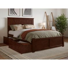 a bed with drawers underneath it in a room next to a rug and potted plant