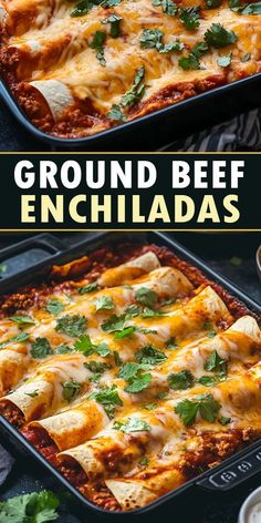 ground beef enchiladas in a casserole dish with cilantro and parsley