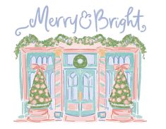 a watercolor drawing of a christmas tree in front of a door with the words merry and bright on it