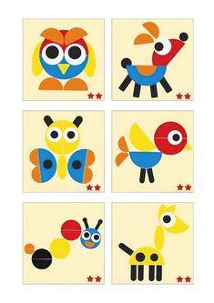 four pictures of different animals with stars on the bottom one is blue, yellow and red