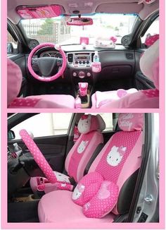 the interior of a car with hello kitty pink and polka dots on it's seat covers