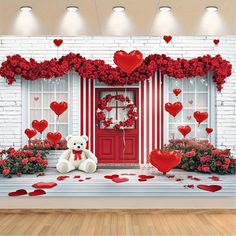 a white teddy bear sitting in front of a red door surrounded by flowers and hearts