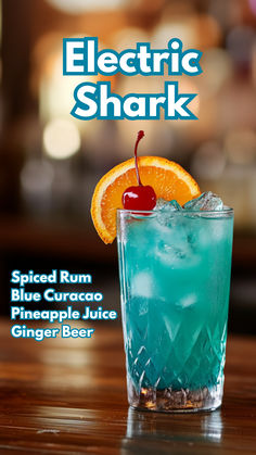 Electric Shark Cocktail Drinks With Ginger Beer, Drinks With Ginger, Dark Rum Cocktails, Ginger Beer Drinks, Spiced Rum Cocktails, Cocktails Made With Rum, Bartending 101, Cocktail Cards, Ginger Beer Cocktail