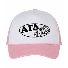 5-panel trucker hat with foam front, adjustable snap back. Embroidered graphic. Alpha Epsilon Phi, Sigma Delta Tau, Phi Sigma Sigma, Delta Phi Epsilon, Alpha Xi Delta, Roll The Dice, Zeta Tau Alpha, Alpha Sigma Alpha, Alpha Chi Omega