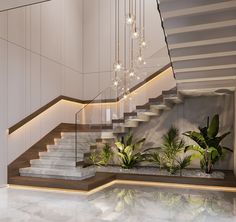 an elegant staircase with plants and lights