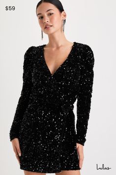 We recommend pairing your sparkly personality with the Lulus Glowing Muse Black Sequin Velvet Long Sleeve Wrap Mini Dress! Dazzling black sequins dance across this velvet dress that features long sleeves with puffy shoulders and a flirty surplice bodice (with a hidden modesty clasp). The flattering wrap silhouette secures with adjustable tying sashes at the side, atop an overlapping skirt that finishes at a sultry mini hem. Fit: This garment fits true to size. Length: Mid-thigh. Size medium meas Wrap Mini Dress, Lulu Fashion, Long Sleeve Wrap Dress, Green Sequins, Sequin Mini Dress, Mini Wrap Dress, Evening Attire, Dress Size Chart, Black Sequins