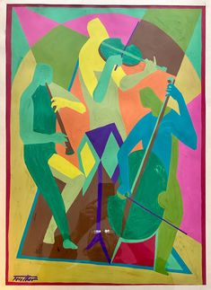 an abstract painting with people playing instruments