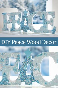 Learn how to make easy peace wood decor using dollar store supplies, napkins, and Mod Podge! This is a fun DIY for a seasonal display. Mod Melts, Mod Podge Crafts, Mini Iron, Wooden Words, Seasonal Displays, Glitter Paint, Tape Crafts, Winter Party, Painters Tape