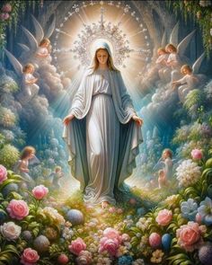 the immaculate mary surrounded by angels and flowers