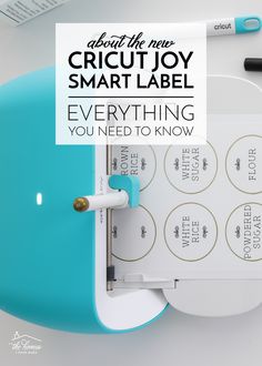 a blue and white object with the words, about the new cricutjoy smart label everything you need to know