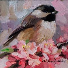 a painting of a bird sitting on top of pink flowers