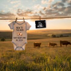 a baby's bodysuit hanging on a clothes line with cows in the background