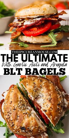 the ultimate bagel sandwich made with garlic, tomato and lettuce is shown in this