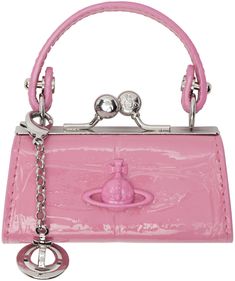 Structured croc-embossed patent leather coin pouch in pink. · Detachable carry handle · Logo hardware at face · Detachable logo charm at side · Kiss-lock closure · Buffed leather lining · Logo-engraved silver-tone hardware · H2 x W3.5 x D1.5 · Total height: H4.25 Supplier color: Pink Black Pink Bags, Pink Vivienne Westwood Bag, Pink Miu Miu Bag, Black And Pink Decor, Pink And Black Fashion, Pink Girly Things Accessories, Pink Designer Bags, Viviane Westwood, Barrel Bags