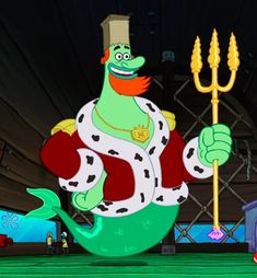 an animated character holding a spear and standing in front of a stage with other characters