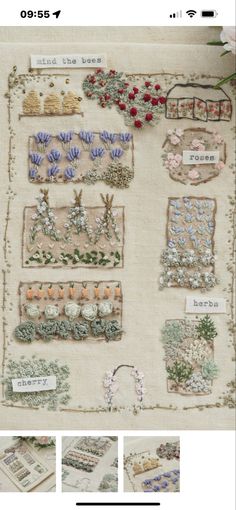 an image of a cross stitch pattern with flowers and plants on it's side