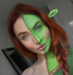 Fun Princess Fiona Makeup for Unique Halloween Makeup Ideas to Try Fiona Costume, Unique Halloween Makeup, Fantasy Make-up, Princess Fiona, Creepy Halloween Makeup, Carnival Makeup, Halloween Makeup Ideas, Halloween Makeup Pretty