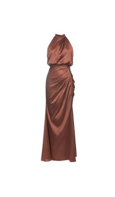 The elegant halter neck and ruched satin fabric create a timeless and sophisticated look. Perfect for prom or any special occasion, this dress is designed to flatter and impress. Pattern Type: Plain Details: Backless, Ruched, Zipper Sleeve Length: Sleeveless Color: Bronze Neckline: Halter Length: Long Fit Type: Slim Fit Fabric: Non-Stretch Material: Woven Fabric Composition: 97% Polyester, 3% Elastane Care Instructions: Machine wash, do not dry clean Colour may vary due to lighting on images. The product images (without model) are closest to the true colour of the product. Item runs true to size chart and is cut to suit our size chart. Please refer to our size chart for the best fit. Do not size up or down. Plain Satin Dress, Prom Dress Halter Neck, Prom Dress Halter, Elegant Colours, Goddess Aesthetic, Plus Size Corset, Velvet Midi Dress, Puff Long Sleeves, Satin Prom Dress