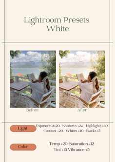 the lightroom presets white flyer is shown in three different colors and sizes