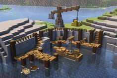 #minecraft #minecraftsurvival #minecraftbuilding Mc Dock Ideas, Minecraft Sea Port, Water House Minecraft Ideas, Fishing Port Minecraft, Minecraft Harbour Ideas, Minecraft Sea Village, Minecraft Docks Medieval, Minecraft Boat Blueprints