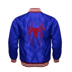 Spiderman Varsity Jacket - Peter Parker Varsity Jacket Satin Varsity Jacket Features: Satin Body Satin Sleeves Embroidered Patches on Front & Back 1x1 acrylic knit on collar, cuffs and waistband. Snap Front Closure. Quilted Lining Inside. Two Slash Pockets on front One Internal leather chest pocket Available Sizes: Unisex 3XS-3XL. Casual Blue Hooded Varsity Jacket, Blue Double-lined Hooded Outerwear For Streetwear, Blue Outerwear With Double-lined Hood For Streetwear, Blue Hooded Track Jacket For Streetwear, Navy Varsity Hooded Outerwear, Varsity Outerwear With Double-lined Hood For Sports, Navy Hooded Varsity Outerwear, Navy Hooded Outerwear For College, Blue Track Jacket With Double-lined Hood For Fall