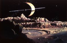 an artist's rendering of saturn and its moon in the distance, with mountains on either side