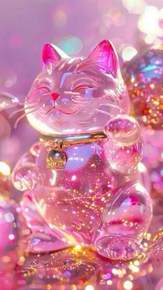 a pink cat figurine sitting on top of a shiny glass surface with glitter around it