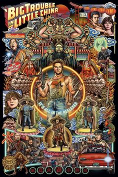 the poster for big trouble in little china, which features an image of a man holding a