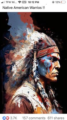 a native american man with feathers and paint splattered on it's face