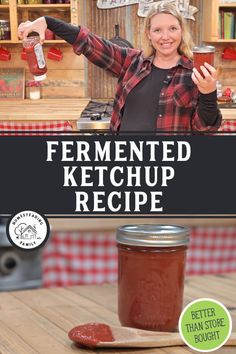 a woman standing in front of a jar of ketchup