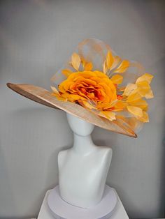 Gorgeous Kentucky Derby hat  kentucky derby hat large wide brim sinamay taupe neutral hat with burnt orange satin flower,orange feathers and orange gingham crinoline inseam standard approx 23 inches and can be steamed to make larger I can probably add feathers, flowers etc to existing hats for a small fee. I cannot remove anything from existing hats. Just message me and see if we can make it work! :) I cannot make custom order from scratch. My schedule is unfortunately too crazy :( *All hats are sold as displayed. No returns do to nature of product (headwear) Of course do not hesitate to contact me with any issues :) NO RETURNS OR EXCHANGES. Please make sure you are this matches your outfit before purchasing!! I am happy to help!! Please ask any questions before purchasing Oaks Day, Orange Gingham, Flower Orange, Spring Racing, Orange Satin, Elegant Hats, Kentucky Derby Hat, Derby Hat, Satin Flowers