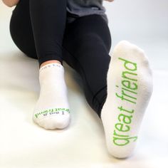 I am a great friend® white socks with light green words. High quality athletic socks with arch support and breathable mesh top. 72% cotton, 20% nylon, 6% polyester, 2% spandex. Machine wash cold, non-chlorine bleach only, tumble dry low. Made in the U.S.A. What I love about great friends is that it doesn't matter how much time has passed since we've seen each other or spoken...we just pick back up right where we left off! Green Words, Notes To Self, Where We Left Off, Great Friend, You Are Wonderful, Branded Video, Blue Q, Soft Sock, Comfortable Socks