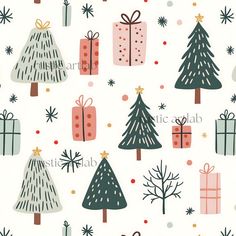 christmas presents and trees on a white background with red, green, blue, and pink wrapping paper