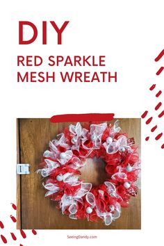 a red and white mesh wreath with the words diy on it next to an image of