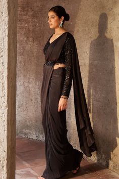 Black pre-draped saree with in a textured fabric base. Comes with floral sequin embroidered padded blouse and belt. - Aza Fashions Black Drape Saree, Saree And Blouse, Vacuum Storage, Drape Saree, Black Drapes, Indian Wedding Wear, Blouse For Women, Pleated Fabric, Fashion App