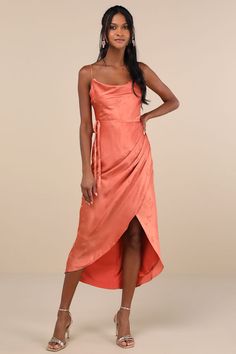 Channel all those chic garden party vibes with the Lulus Sophisticated Sight Peach Satin Jacquard Cowl Midi Dress! Sleek woven satin, with floral jacquard design throughout, shapes adjustable spaghetti straps that support a flattering bodice with a cowl neckline. Slender, removable sash belt wraps the waist, atop an overlapping midi skirt with flattering gathering along the side. Hidden zipper/clasp at back. Fit: This garment fits true to size. Length: Ankle length. Size medium measures 50.50" f Spring Midi Satin Dress With Tie Back, Spring Tie-back Satin Midi Dress, Chic Satin Dress For Spring Bridesmaids, Summer Midi Satin Dress For Wedding Guest, Chic Satin Dress For Summer Wedding Guest, Chic Satin Bridesmaid Dress For Spring, Satin Midi Dress With Tie Back For Brunch, Spring Wedding Satin Dress With Tie Back, Spring Midi-length Satin Bridesmaid Dress