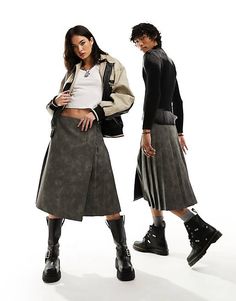 Reclaimed Vintage unisex midi kilt skirt in washed faux leather | ASOS Punk Streetwear Skirt For Fall, Edgy Skirt With Pockets For Fall, Rock Style High Waist Skirt For Fall, Rock Style High-waisted Skirt For Fall, Fall Streetwear Mini Skirt, Winter Streetwear Mini Skirt, Trendy Winter Streetwear Skirt, Edgy Pleated Bottoms For Fall, Mini Skirt For Fall Streetwear