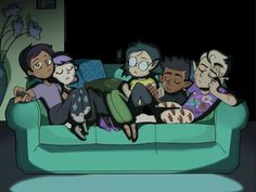 five people sitting on a couch in the dark