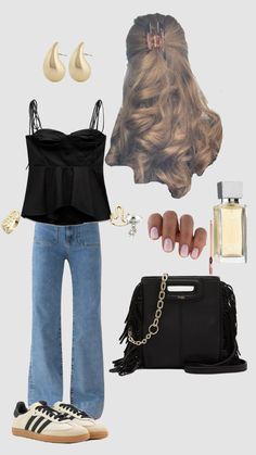 a woman's outfit and accessories including shoes, handbag, purse and hair